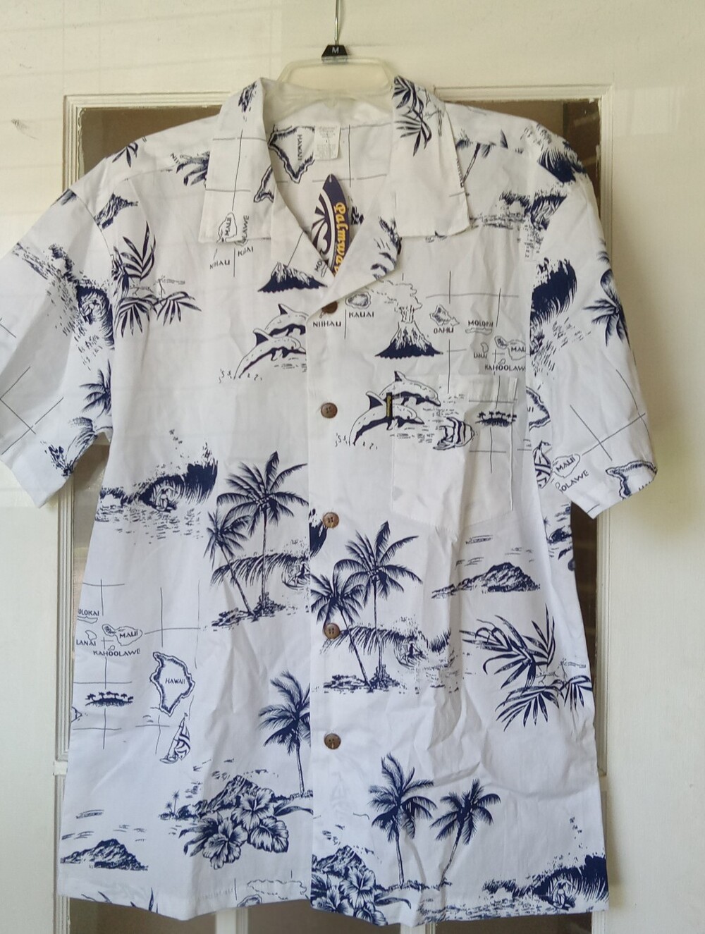 Palmwave Hawaii Mens Aloha Shirt M White Blue Hawaiian Island Map Palm Tree SZ L